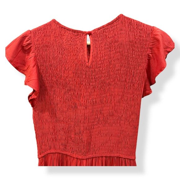 Cottagecore Smocked Tiered Midi Dress Flutter Sleeve Crewneck Rust Orange S NWT - Picture 8 of 16